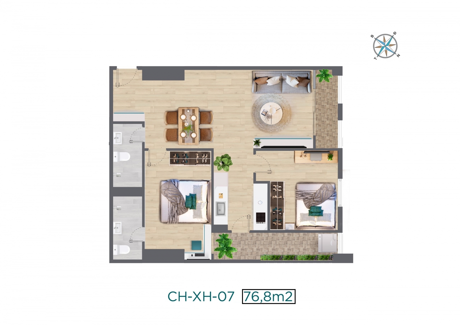 Mặt bằng căn hộ 76.8m2 