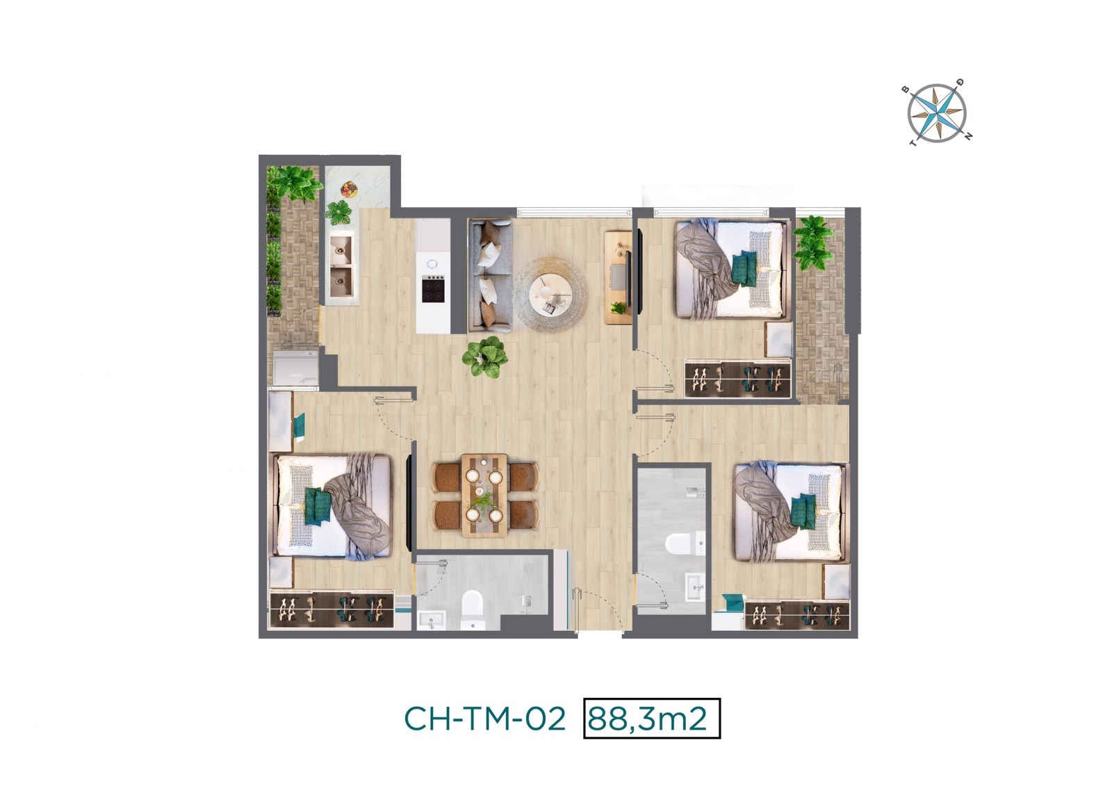 mặt bằng căn hộ 88.3m2 tại QUang Vinh Tower